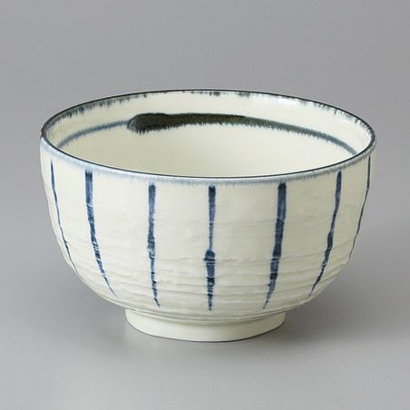 Bol donburi japonais en céramique beige lignes verticales bleues - SUICHOKU SEN - 12.5cm