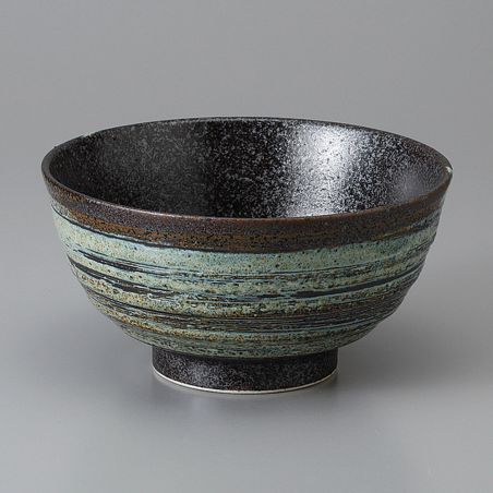 Japanese ceramic donburi bowl, black, brown blue reflections - HANTEN