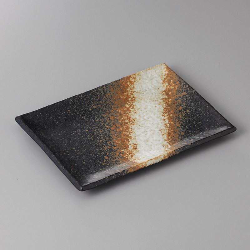 piatto rettangolare giapponese di ceramica, BIZEN, nera e ruggine