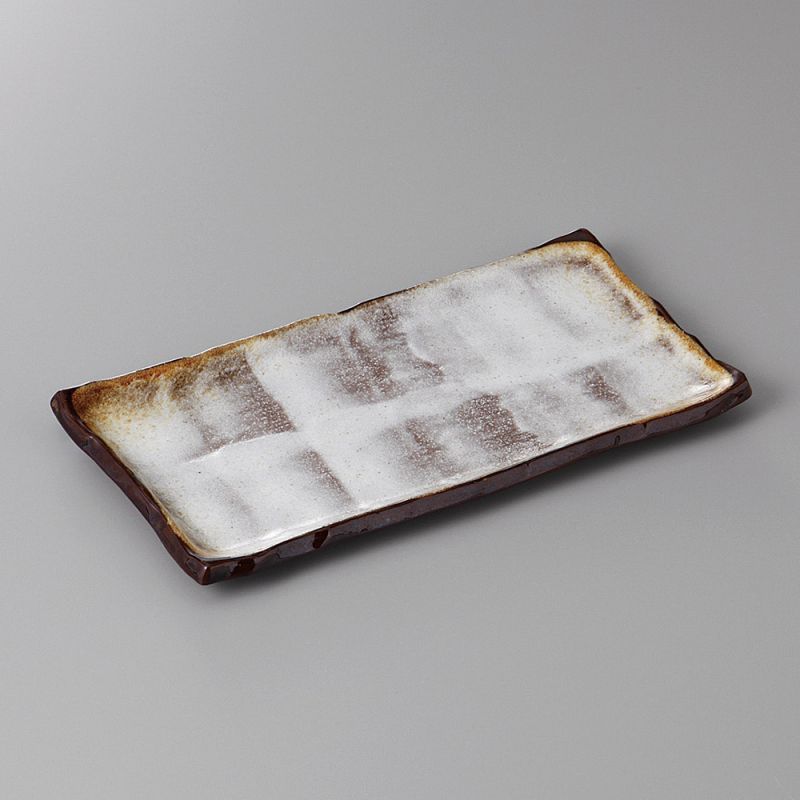 Plato japonés rectangular pequeño de cerámica beige con borde marrón - BEJUBURAUN