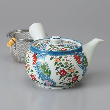 Théière kyusu japonaise blanche en céramique motif fleuri, HANAMOMIJI, 350 cc