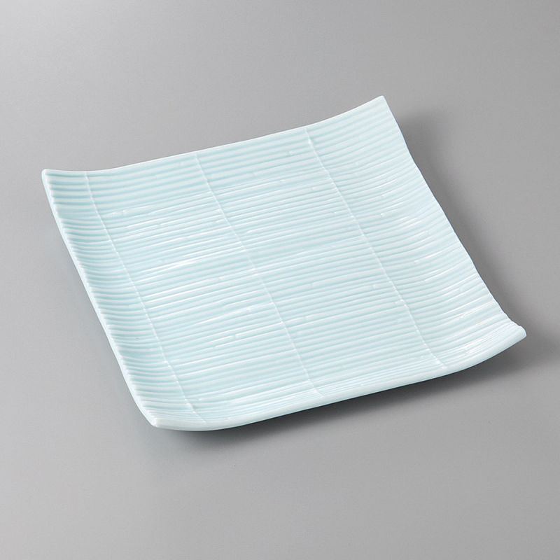 Plato de cerámica cuadrado japonés, blanco y celeste, MATTO KOKA