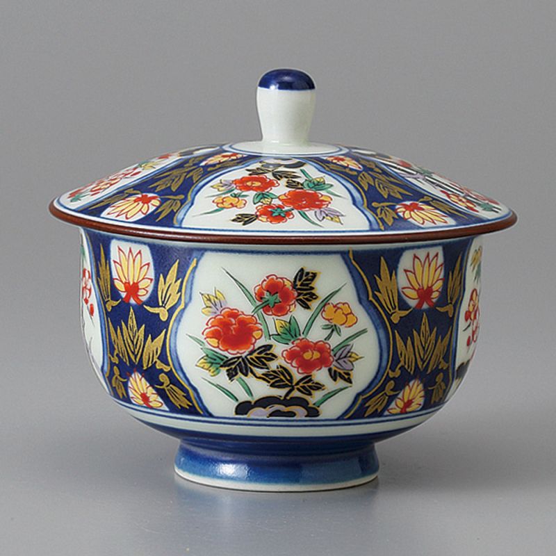 Ciotola da tè Chawanmushi in ceramica giapponese con coperchio, motivo floreale, KOIMARI