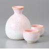 Japanese sake service in pink and white ceramic, 2 glasses and 1 bottle, PINKU