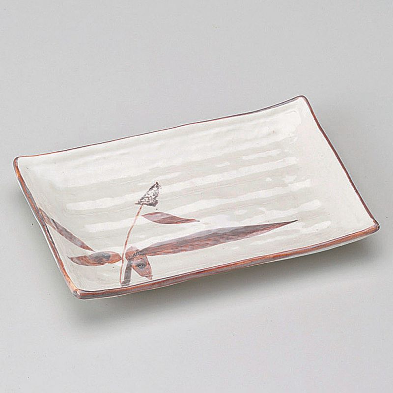 Plato pequeño rectangular de cerámica japonesa, blanco, patrones de cañas, ASHI