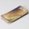 Japanese green rectangular ceramic plate, SABI, green and rust