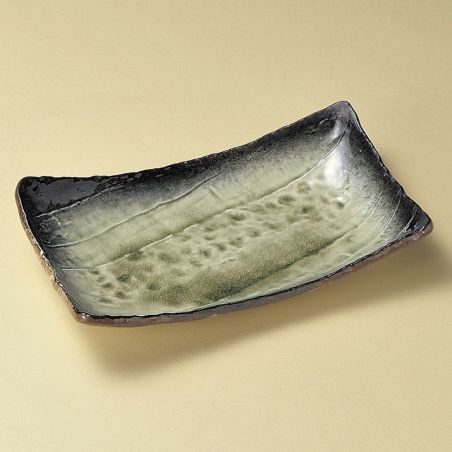 Japanese green rectangular ceramic plate, MIDORI, green and black