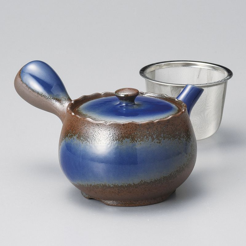 Teiera giapponese in ceramica kyusu, AZA, marrone e blu