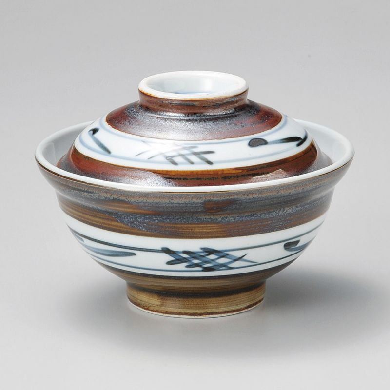 Tazón de cerámica japonés con tapa, SABI IGETA, marrón y blanco