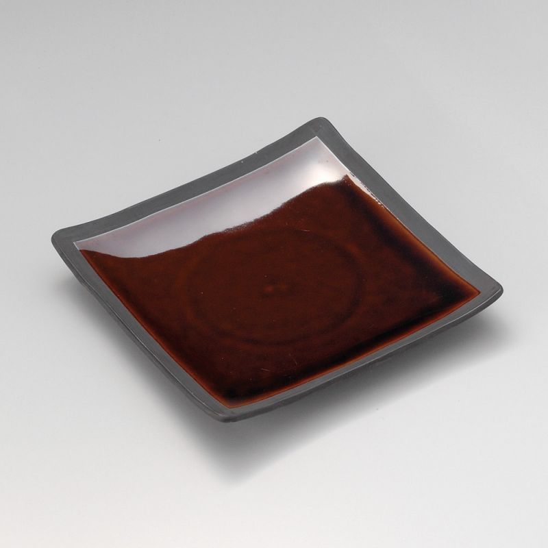 Japanese square ceramic plate, raw edge, brown enamelled center, KIGAMI