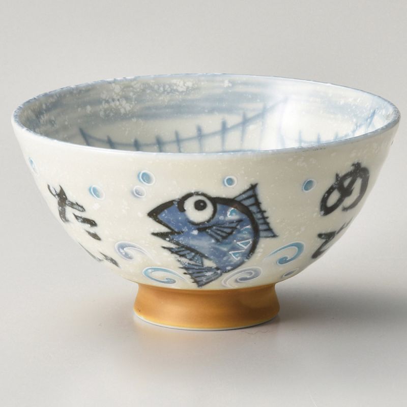 Japanese ceramic rice bowl, MEDETAI, fishes