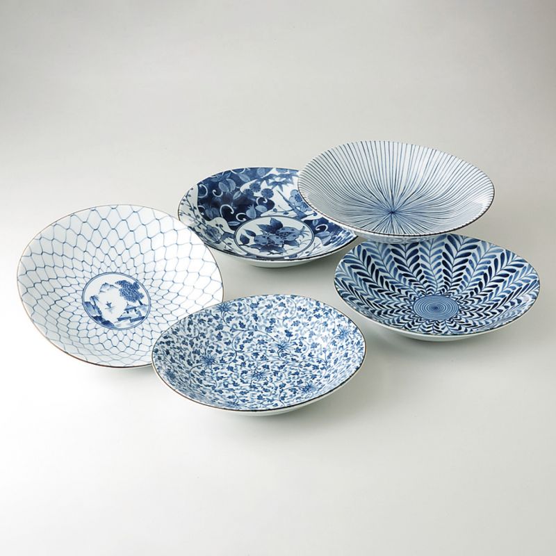 juego de 5 platos redondos japoneses , AIE KAWARI, azul y blanco
