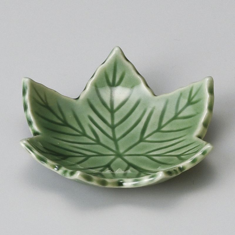 Kleines japanisches Keramikgefäß, grünes Blatt, SOSU