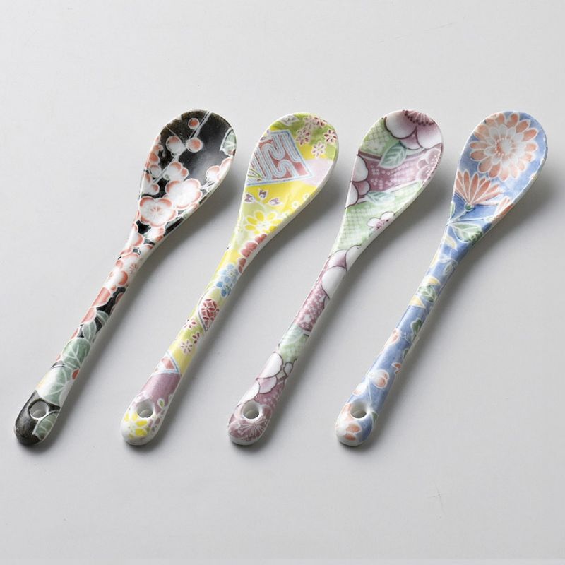 Set of 4 ceramic spoons, colorful flowers, IROTORIDORI NO HANA