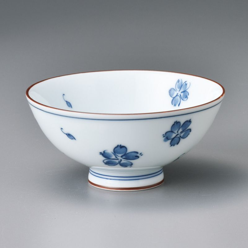 Cuenco de arroz japonés azul pequeño de cerámica, SAKURA flores