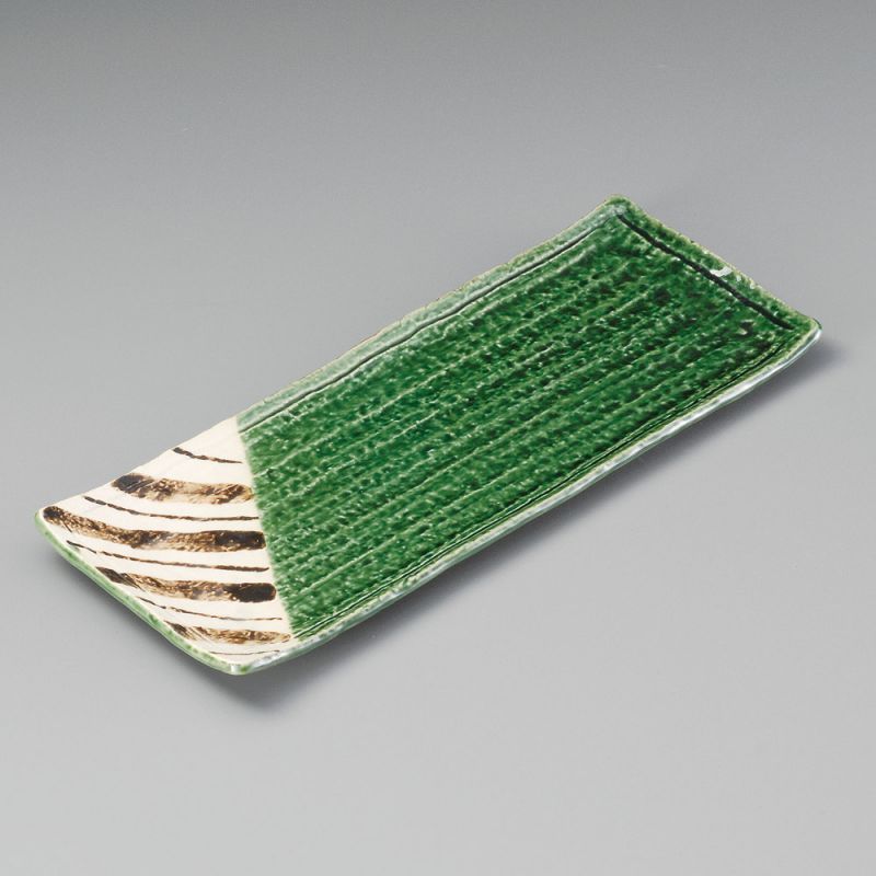 Rectangular plate in green and beige ceramic - CHAIRO NO SEN