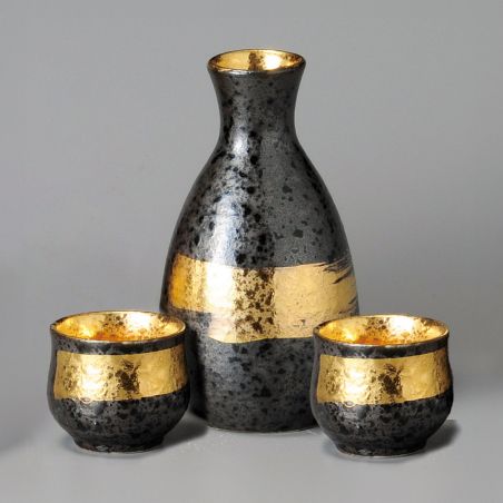 sake service with 2 cups, KUROGANE KIN HAKEME, black and gold