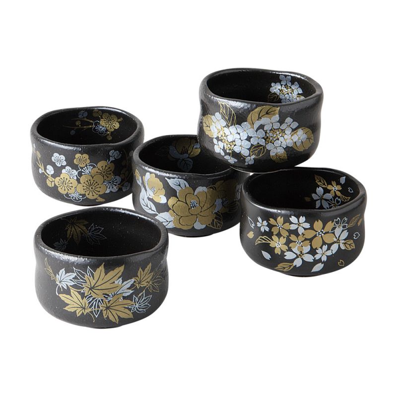 Set of 5 Hannari Japanese ceramic tea bowls - The four seasons of Japan - NIHON NO SHIKI