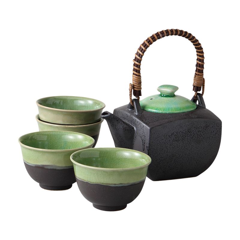 Set théière et 4 tasses noir et vert en céramique - MIDORI