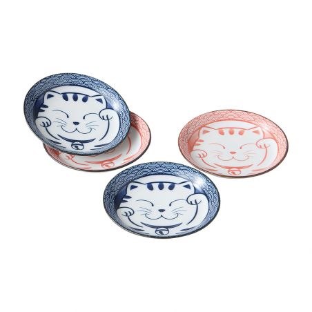 Set of 4 small blue and pink ceramic plates with Cat pattern - NEKO