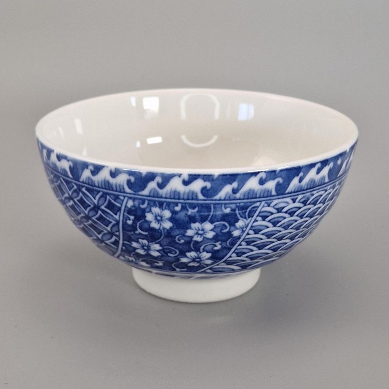 Japanese ceramic rice bowl, NAMI SHONZUI, blue patterns
