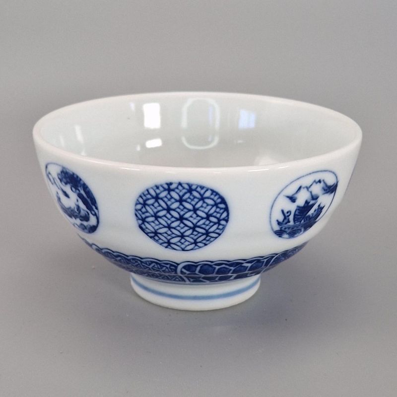 Cuenco de arroz de cerámica japonés, MARUMON SANSUI, patrones azules