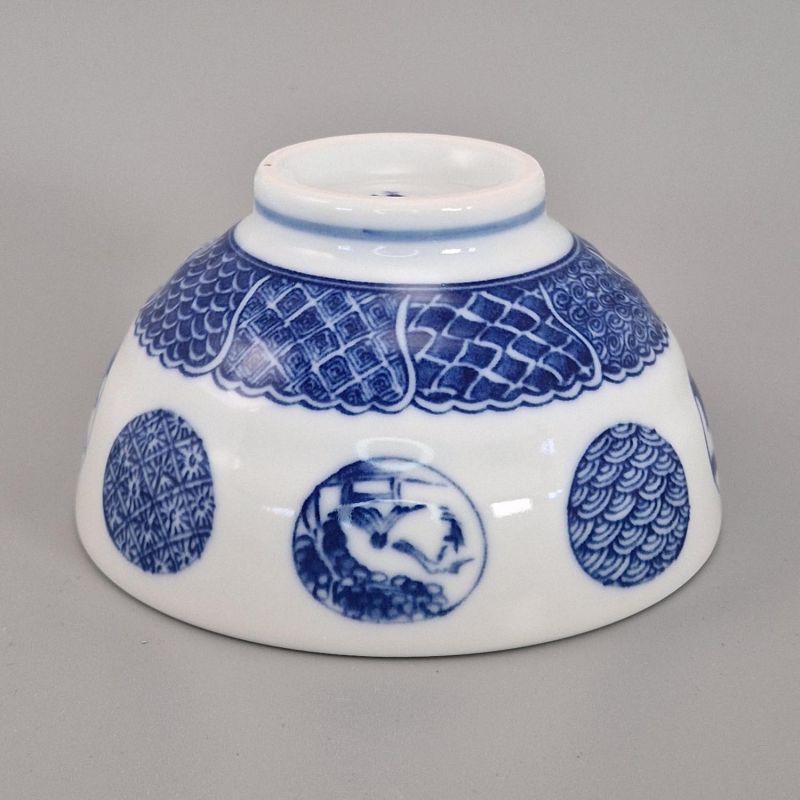 Japanese ceramic rice bowl, MARUMON SANSUI, blue patterns