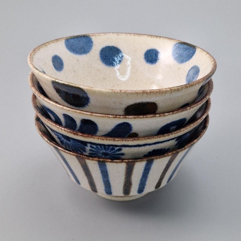 Set of 4 Japanese rice bowls, beige and blue, various patterns, SAMAZAMANA