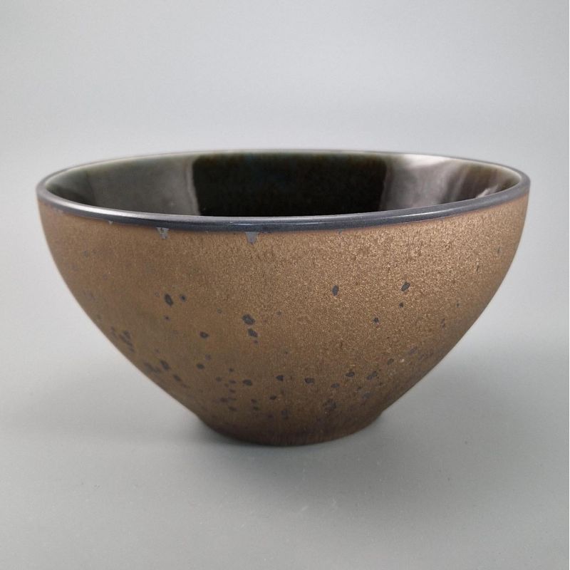 Japanese ceramic soup bowl, metallic glitter brown, blue green interior - METARIKKU