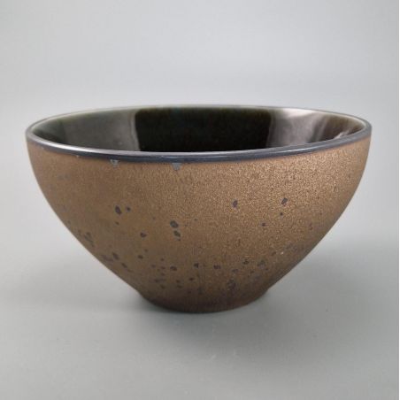 Japanese ceramic soup bowl, metallic glitter brown, blue green interior - METARIKKU