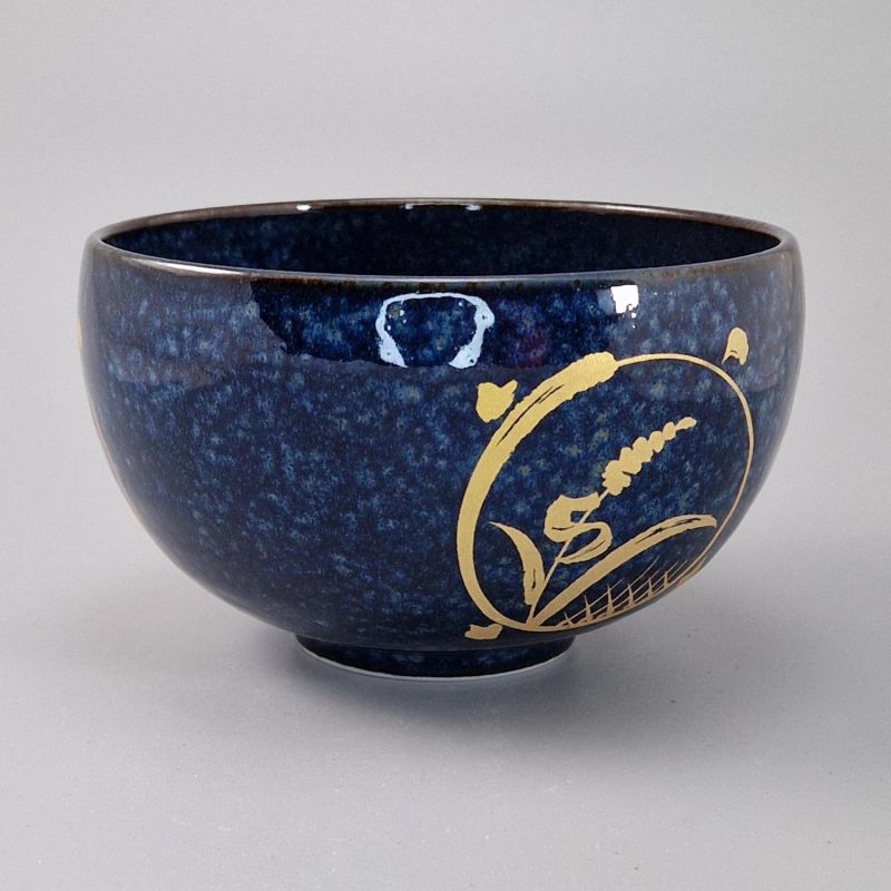 Cuenco donburi de cerámica japonesa, azul, patrón circular dorado - KOGANE NO SHIZEN