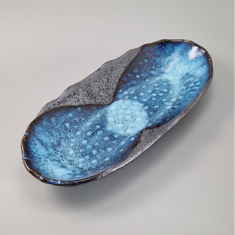 Japanese ceramic oval plate, gray and blue - BURU