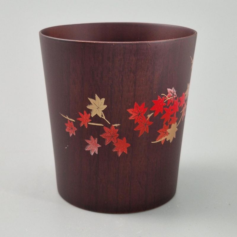 Taza de té japonesa en madera natsume oscura con patrón de hojas de arce lacadas en oro y plata, MAKIE MOMIJI