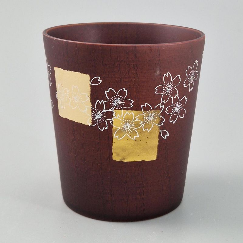 Taza de té japonesa en madera natsume oscura con motivo de flor de cerezo lacado en oro y plata, MAKIE SAKURA