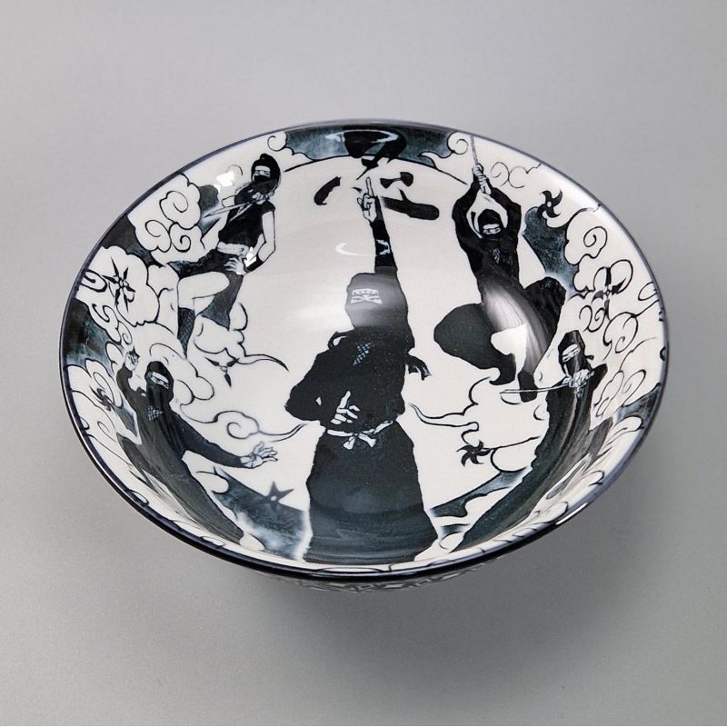 Bol japonais à ramen en céramique, NINJA, noir et blanc