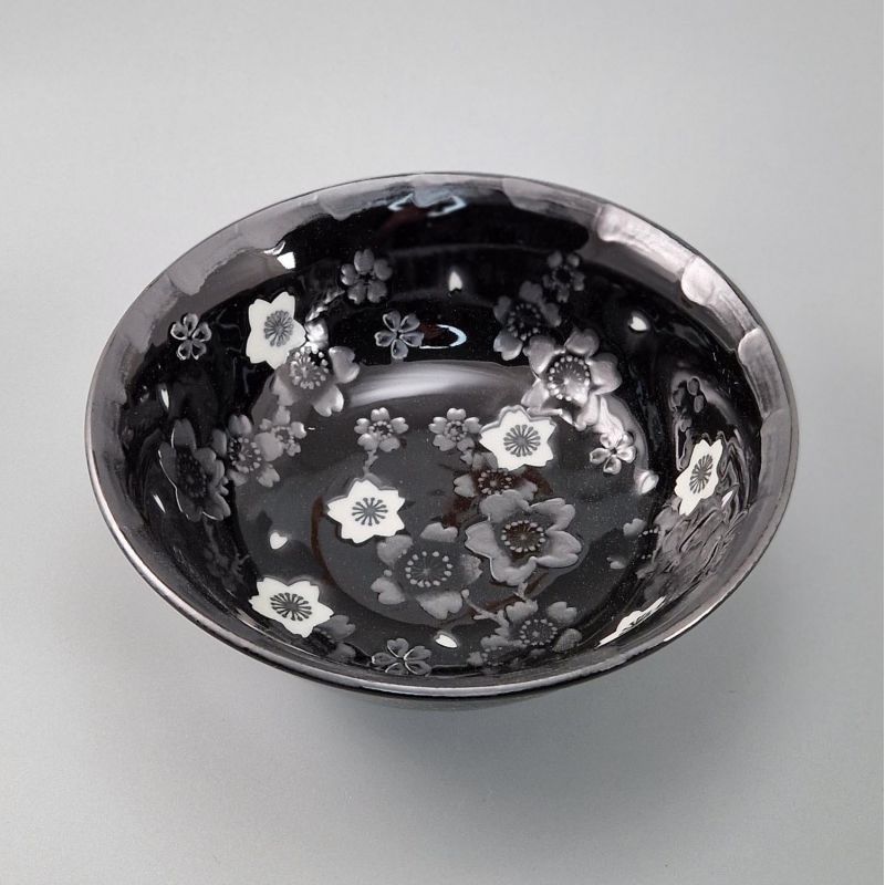 bol japonais à ramen en céramique fleurs HANASAKURA, noir et gris