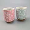 Duo of traditional Japanese tea cups, KIKU, green and red chrysanthemums