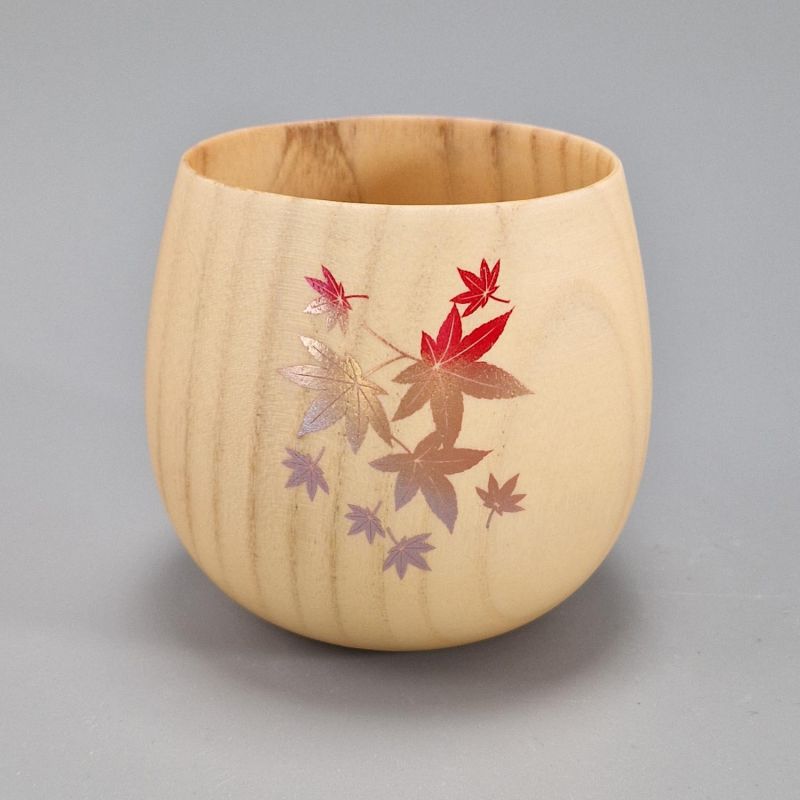 Taza de té japonesa natsume de madera con estampado de hojas de arce, MOMIJI 1