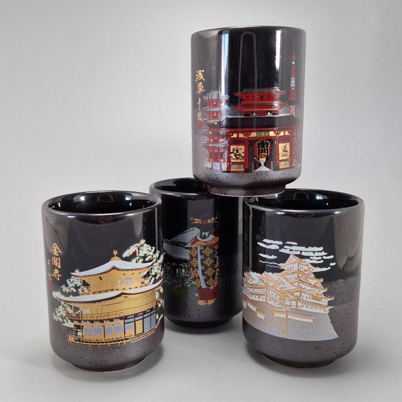 Set aus 4 japanischen Keramikbechern, traditionelle Monumente - JAPAN