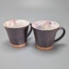 Duo of japanese terracotta mug, blue and pink sakura patterns, AO TO PINKU