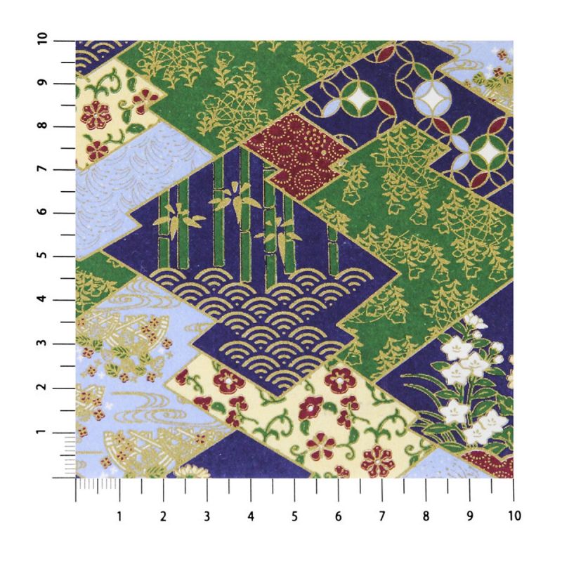 Grande feuille papier japonais, YUZEN WASHI, bleu, Namono-Saki avec écorce de pin froissée et châtaignes d'eau