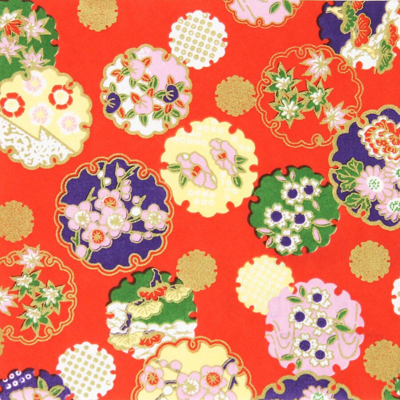 Japanese paper sheet, YUZEN WASHI, red, Four seasons of flowers with snowflake patterns