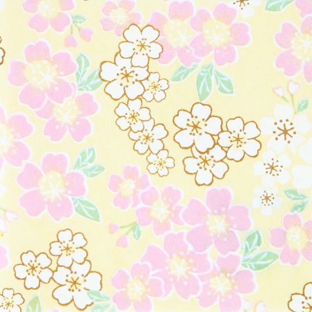 hoja grande de papel japonés, YUZEN WASHI, amarillo, flores de cerezo en plena floración