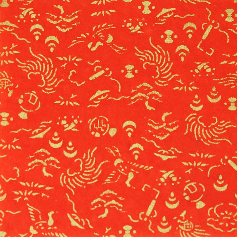 großes Blatt japanisches Papier, rot, YUZEN WASHI, Kranich, Schildkröte und Schatz