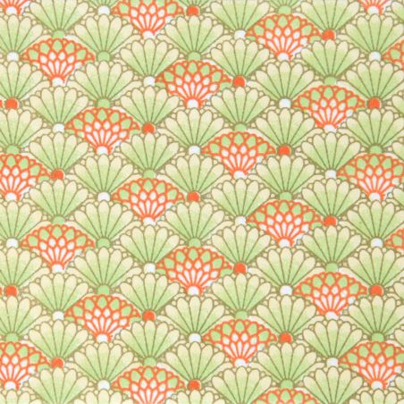 hoja grande de papel japonés, YUZEN WASHI, verde y naranja, motivos Bokashi Chrysanthemum