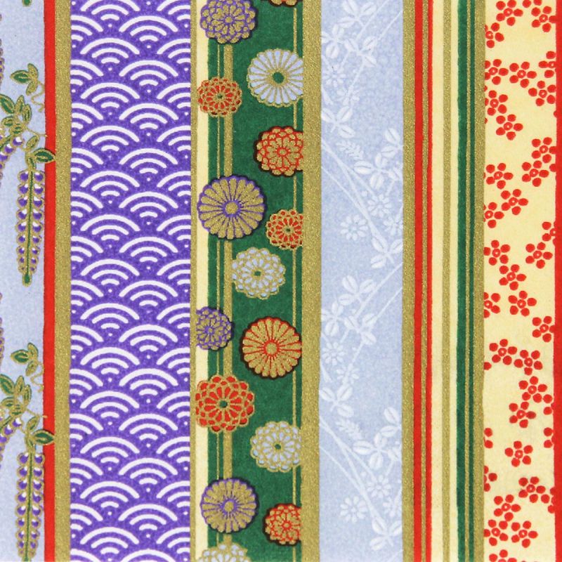 hoja grande de papel japonés, YUZEN WASHI, violeta, Cuatro estaciones de flores con estampado de rayas