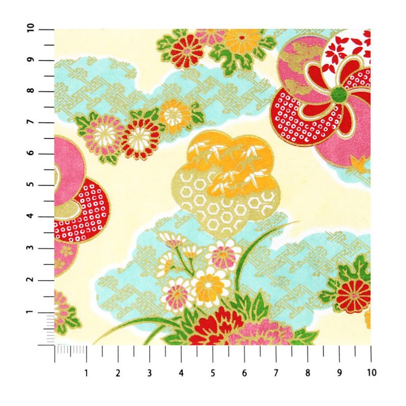 A4 Japanese paper sheet, YUZEN WASHI, yellow and turquoise, Kumochiri with flower patterns
