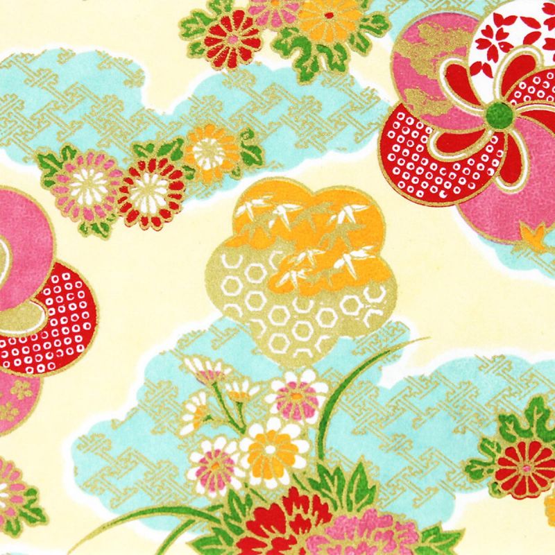 A4 Japanese paper sheet, YUZEN WASHI, yellow and turquoise, Kumochiri with flower patterns