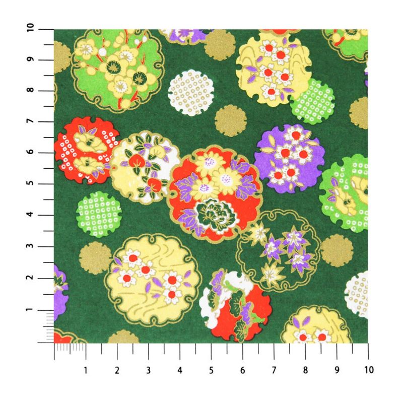 feuille papier japonais A4, YUZEN WASHI, vert, Quatre saisons de fleurs avec des motifs de flocons de neige
