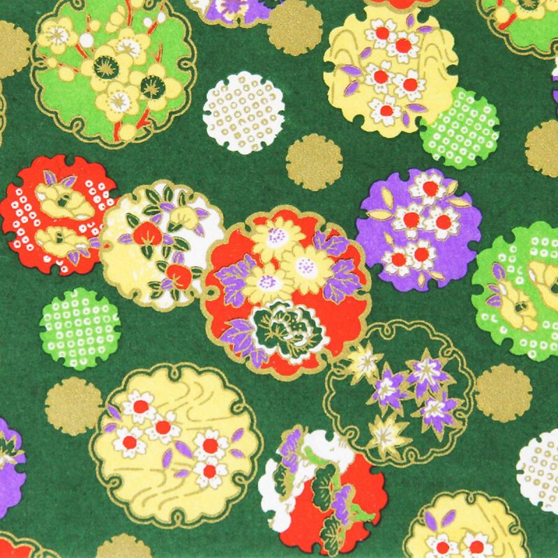 Blatt Japanpapier A4, YUZEN WASHI, grün, Vier Jahreszeiten mit Blumen mit Schneeflockenmuster